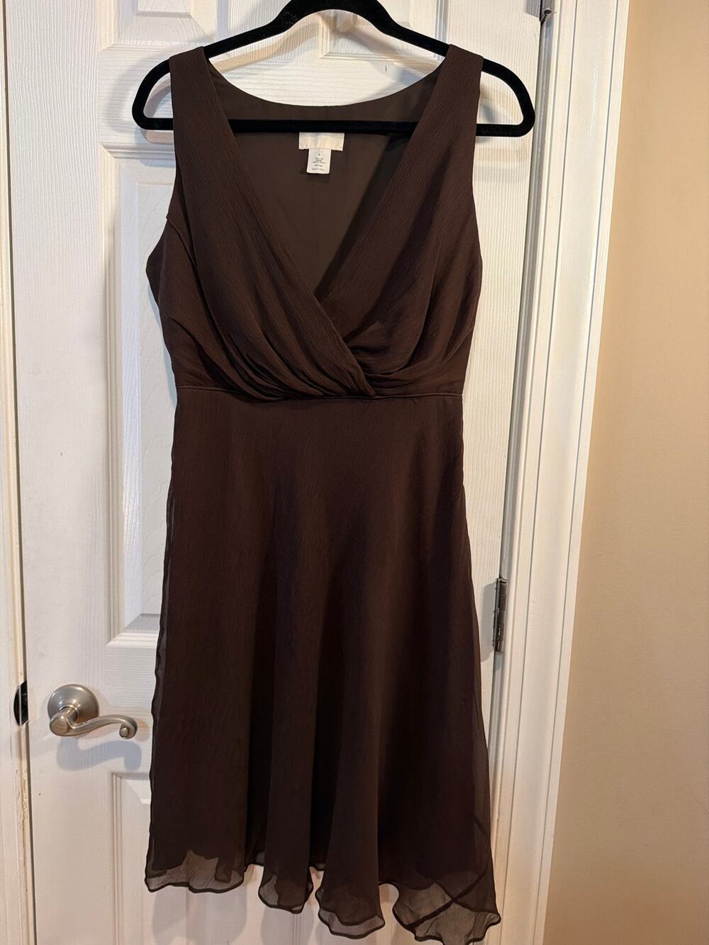 J. Crew Silk Chiffon Dress Size 6 Brown Faux Wrap Sleeveless Lined Cocktail